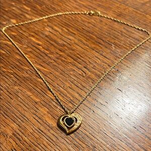 Gold Heart Pendant Necklace with Black Center